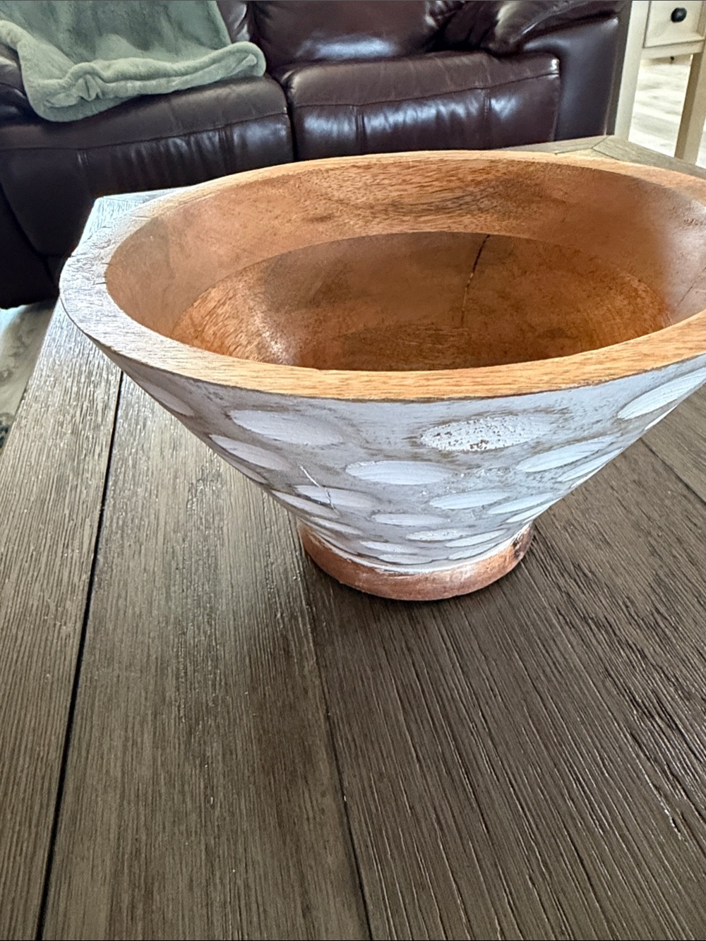 Hand-Carved Decorative Wood Bowl with White Wash